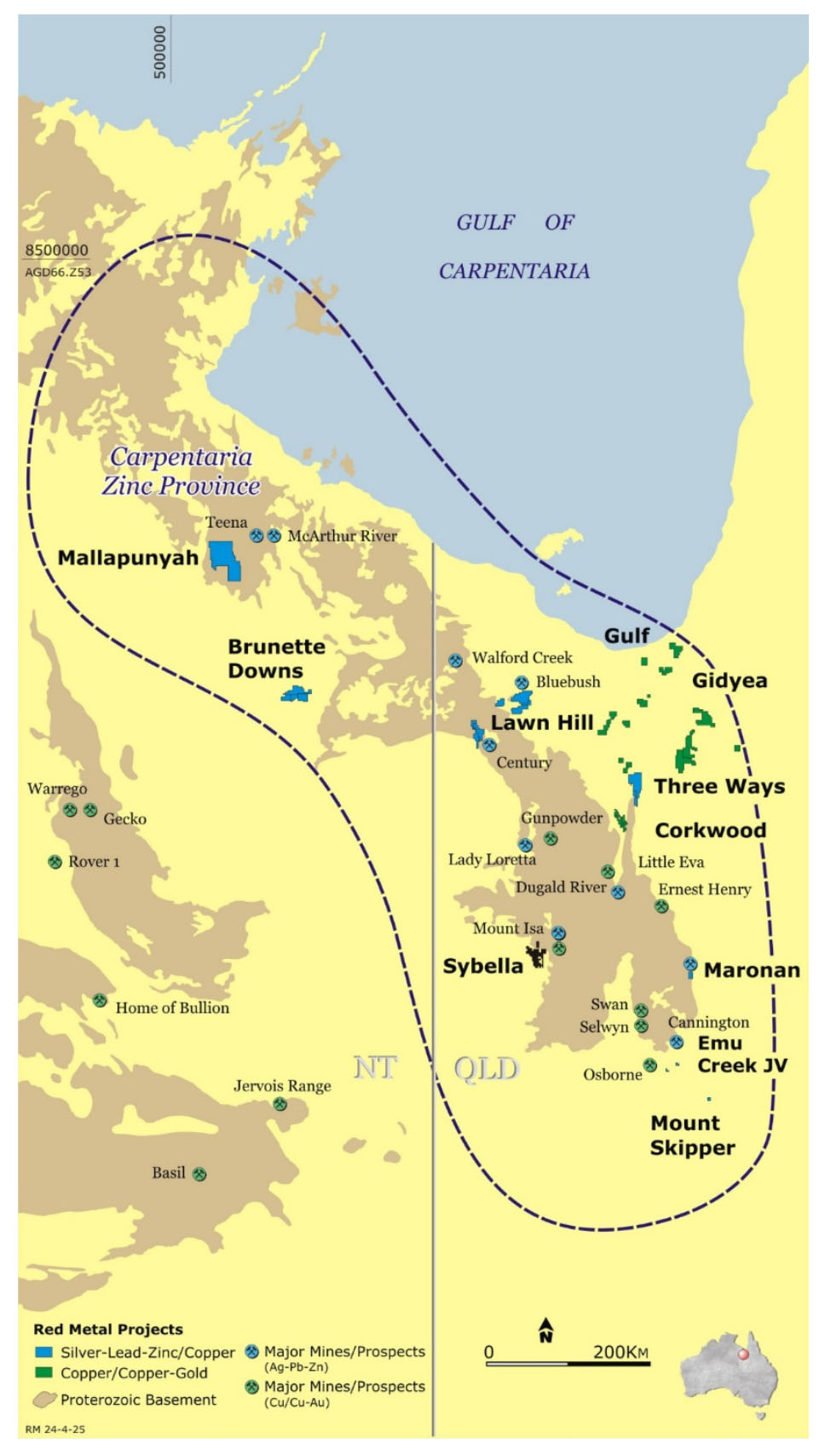 Carpentaria Province map with major mines and prospects and Red Metal project locations