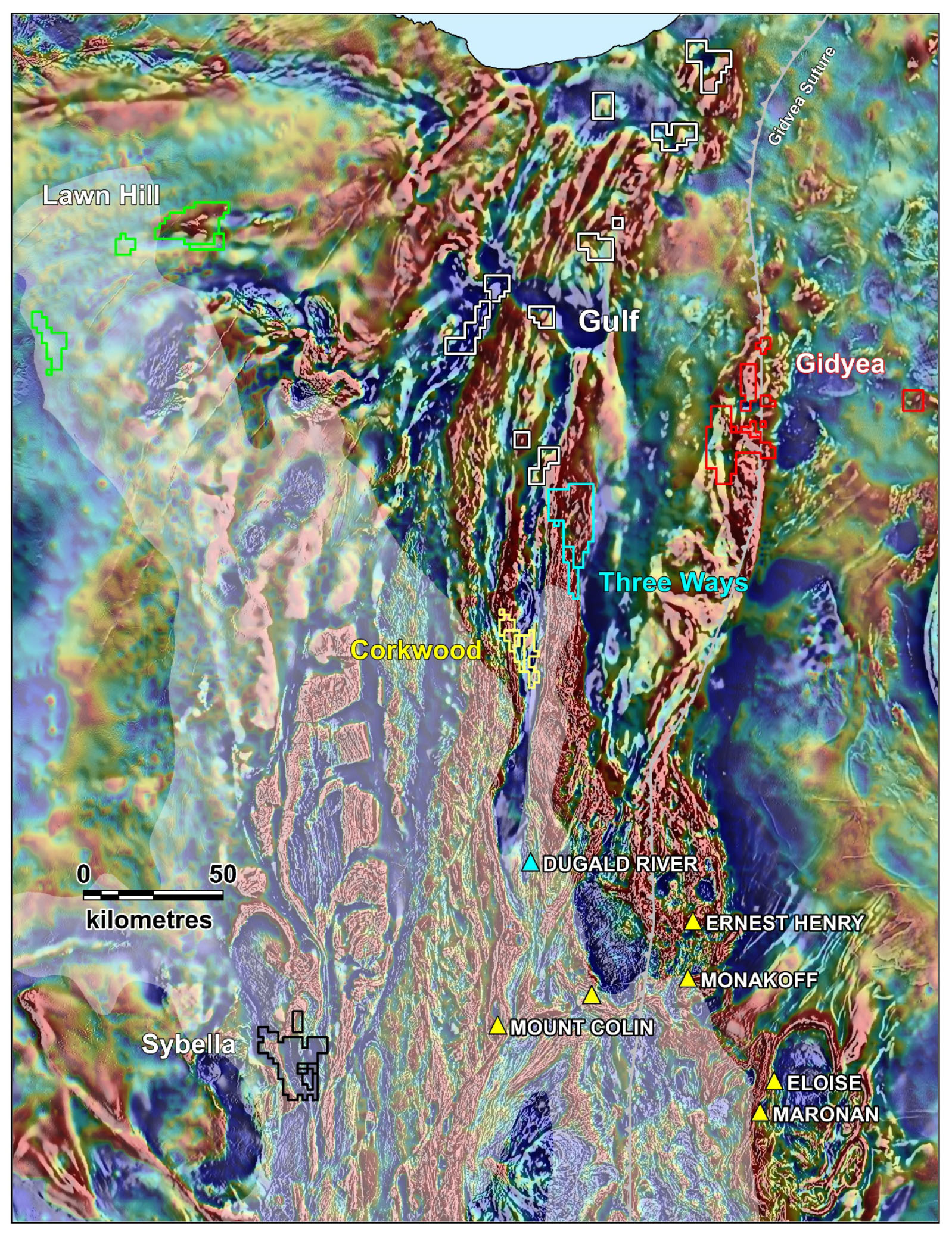 Northward extension of the Cloncurry Terrain: grey scale magnetic image overlain by colour gravity image showing Red Metal project locations