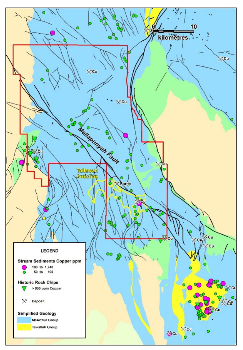 Mallapunyah Project simplified geology and anomalous copper in stream sediments