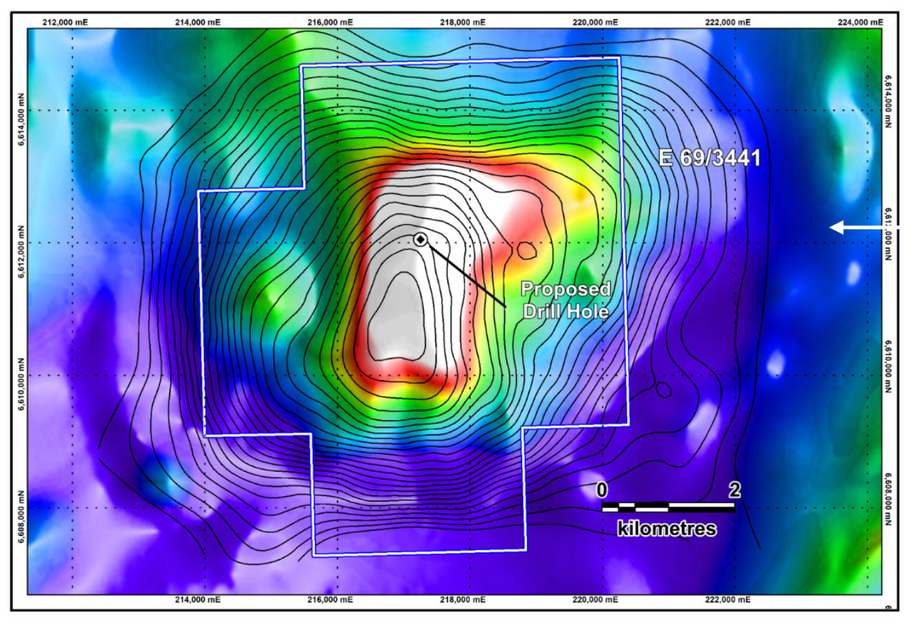 Nullarbor Project Sharon Dam magnetic image overlain by gravity contours showing the planned first diamond drill hole