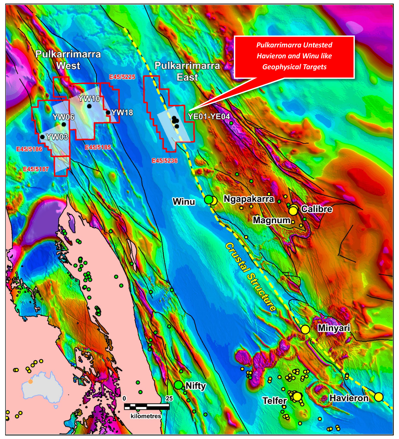Paterson Province magnetic imagery showing the Nifty and Telfer mines, Winu and Havieron discoveries and Red Metal’s Pulkarrimarra tenements