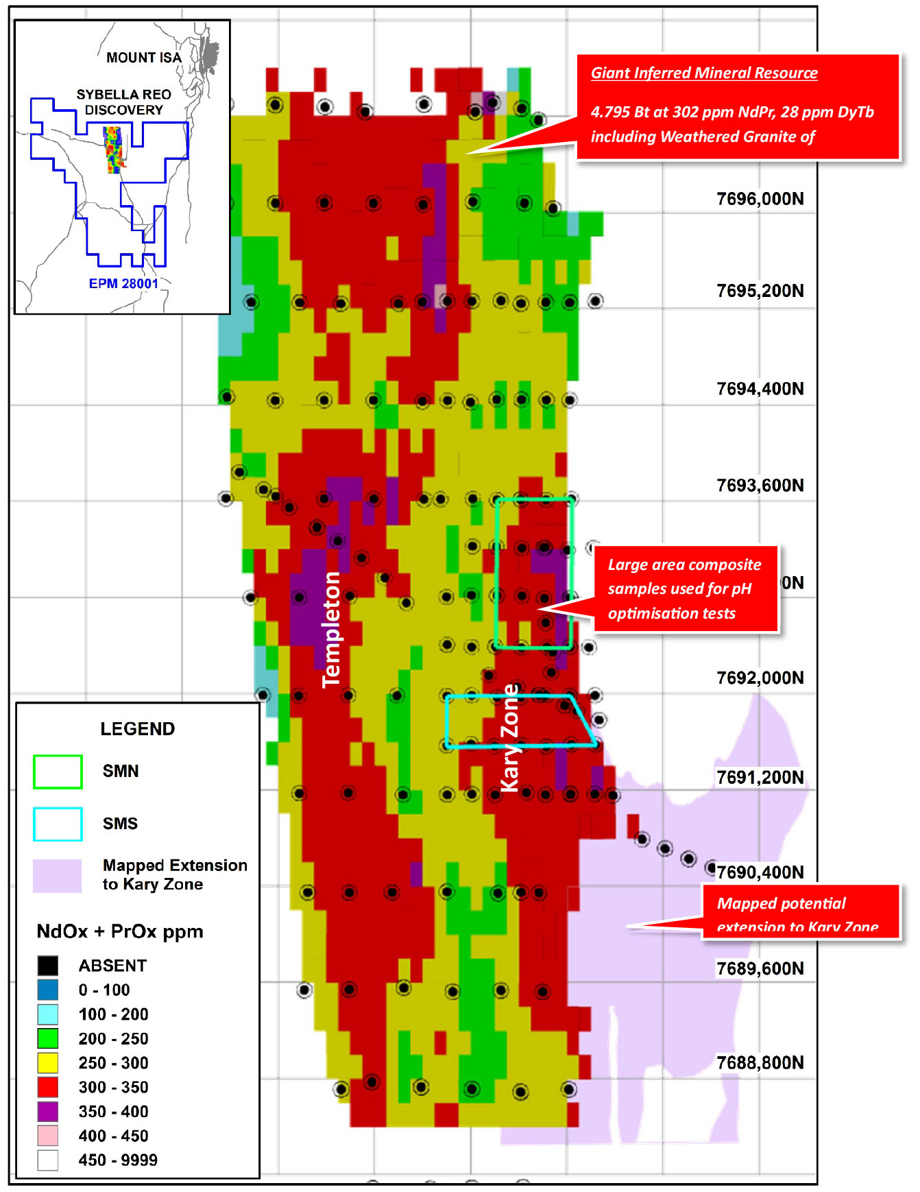 Sybella Inferred Mineral Resource Estimate block model level plan showing NdPr oxide block grade from surface to 6 metres