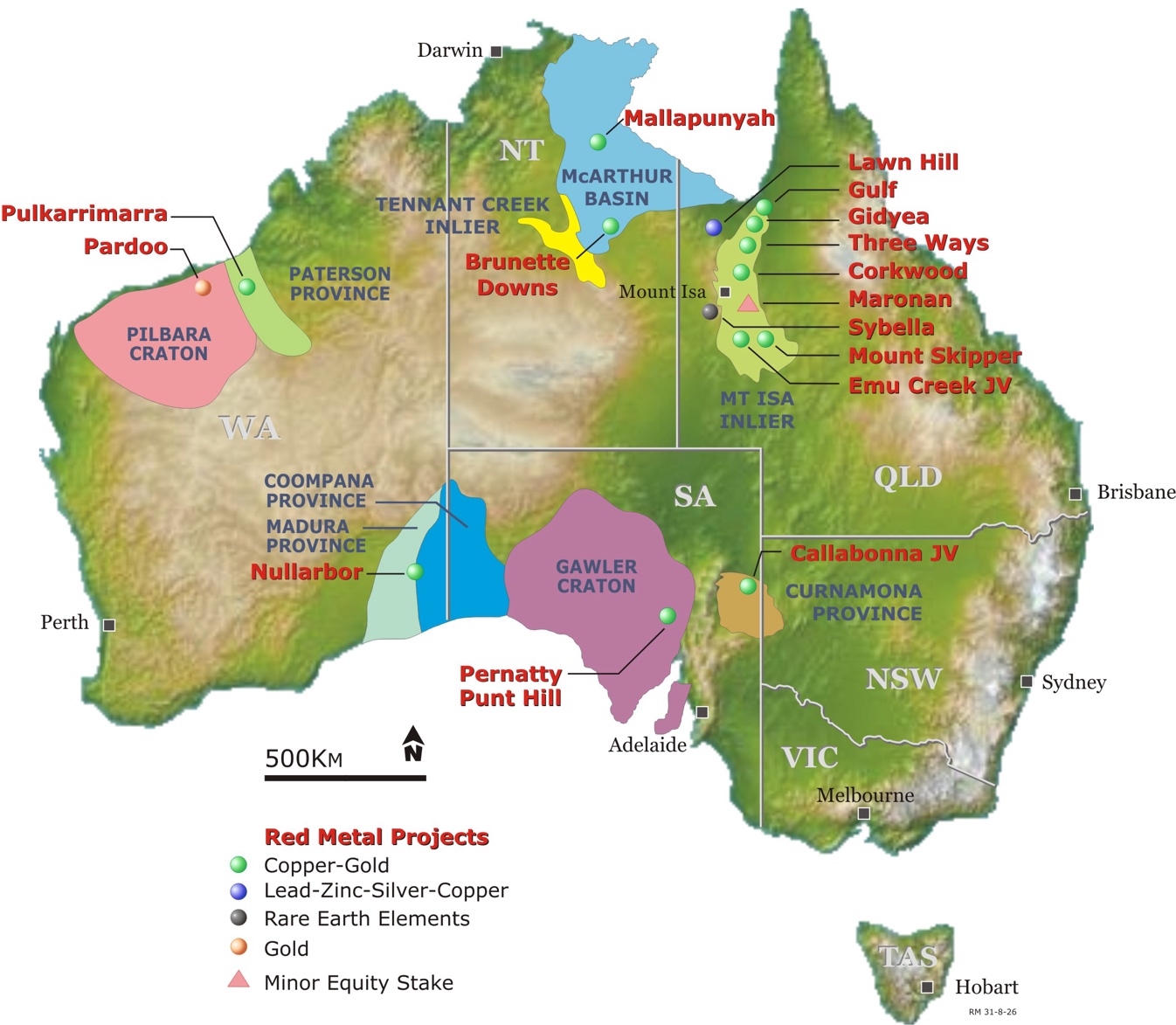 Map of Australia showing Red Metal project locations coloured by commodity