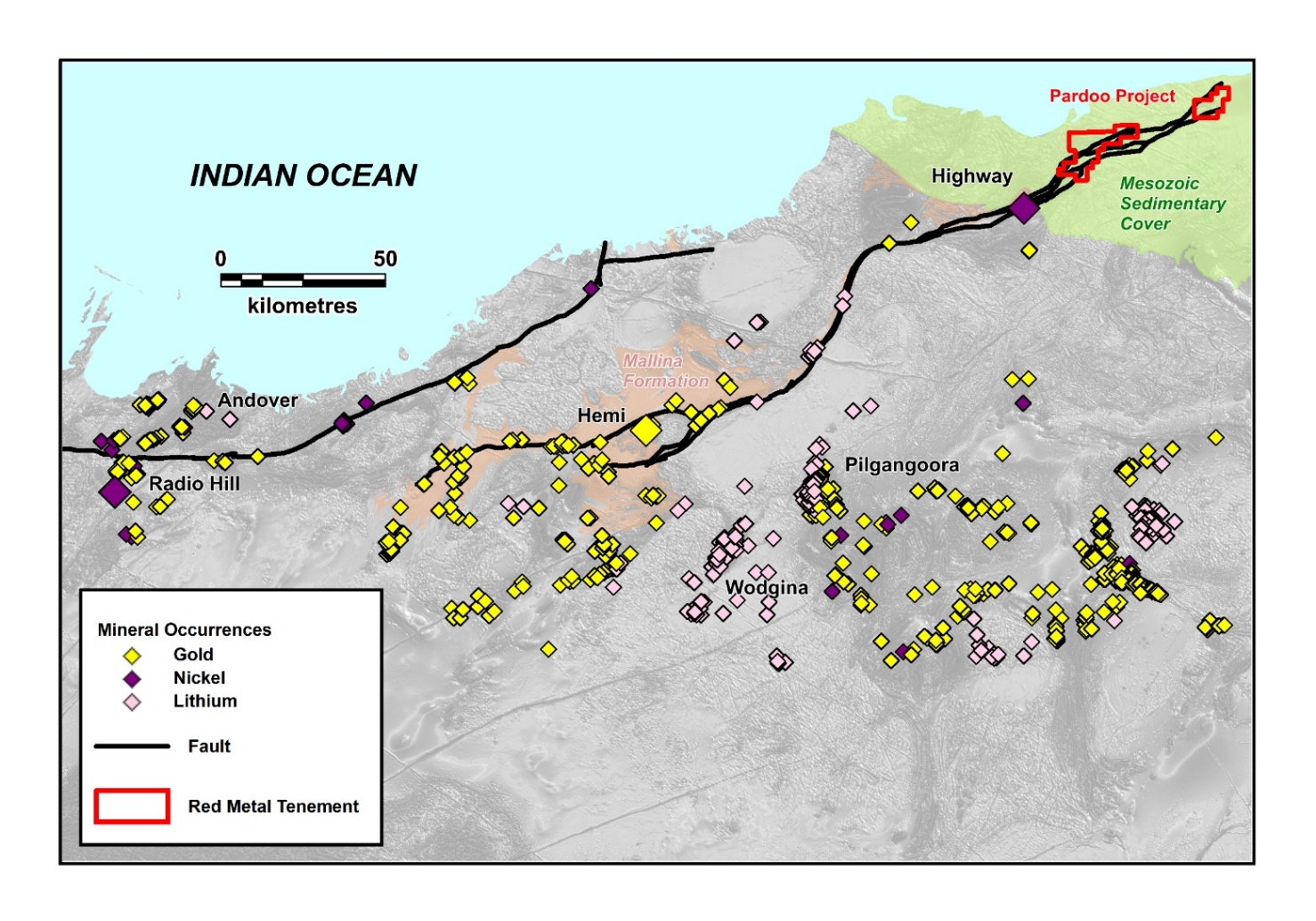 Pardoo Project location map showing the Pilbara Craton, Hemi gold deposit, mineral occurrences and Red Metal tenements