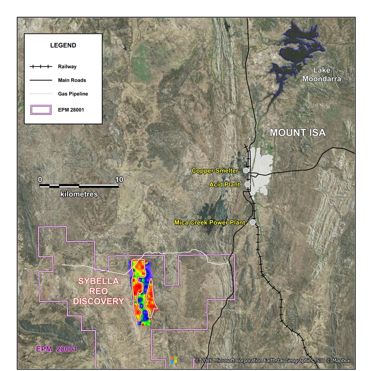 Sybella Project drill hole locations on satellite imagery overlain by average NdPr oxide grade to 60 metres down-hole